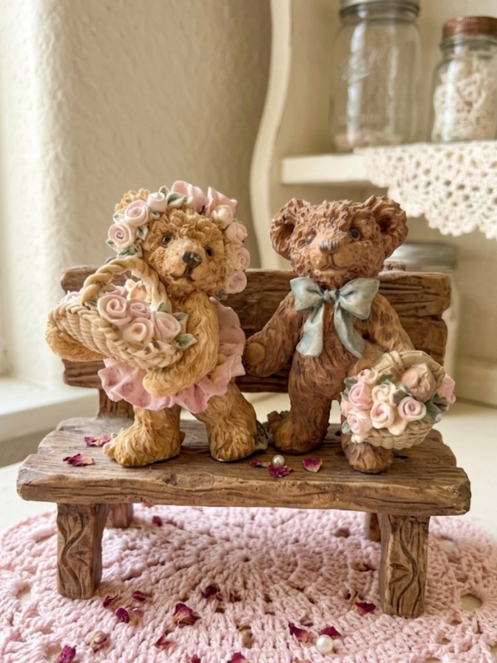Decorative Pair of Brown Teddy Bear Figurines with Pink Flowers